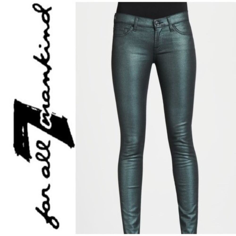 7 for all Mankind Emerald Green Metallic Skinny Jeans Women's Size 27 NWT